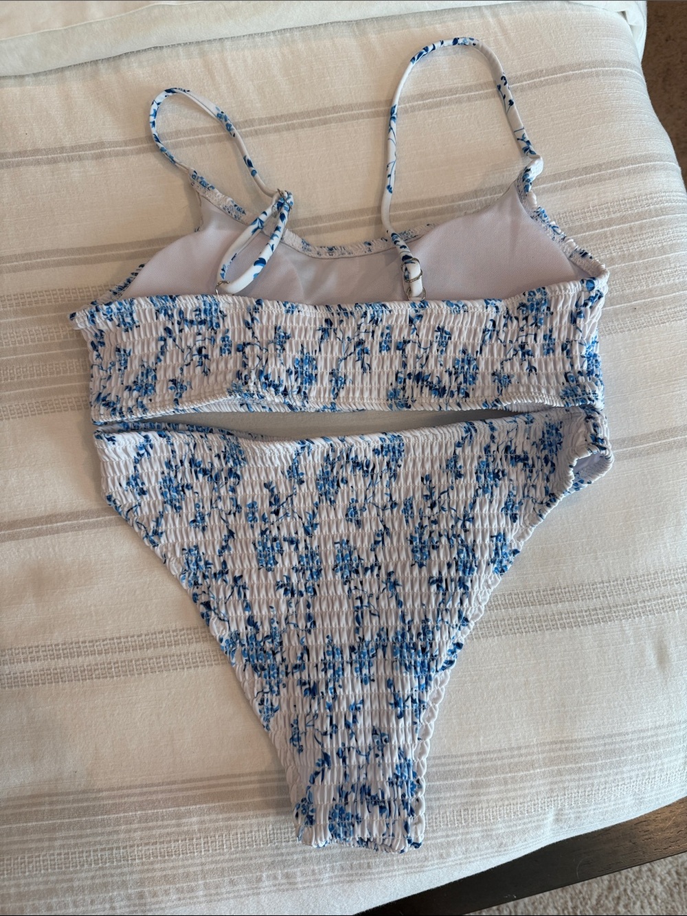 Smocked Two-Piece Bikini Set in White and Blue - Picture 2 of 3